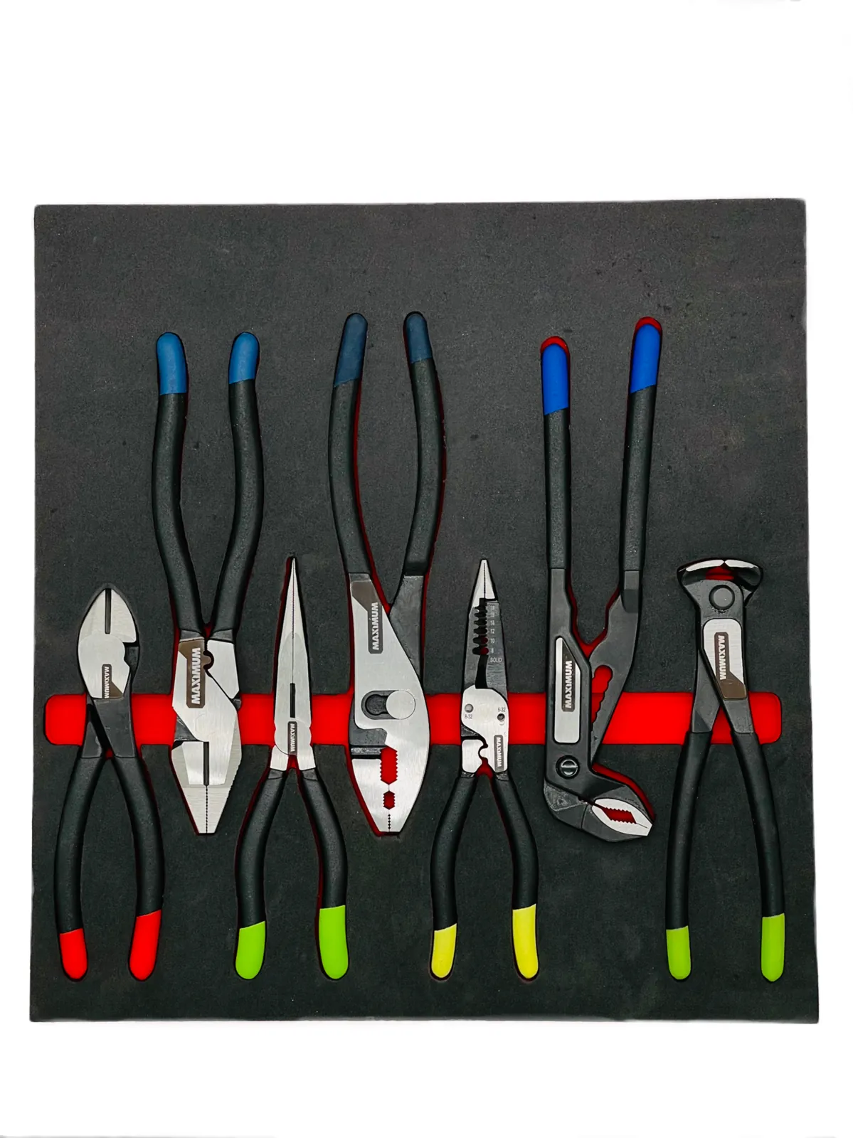 Pliers and cutters in a black EVA foam insert with a red layer showing in the pockets
