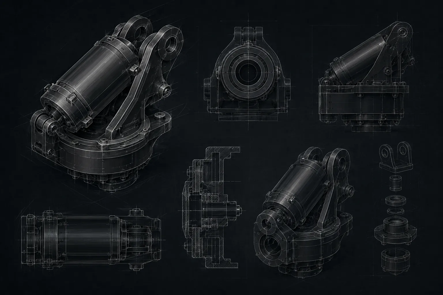 Machined components over technical drawings