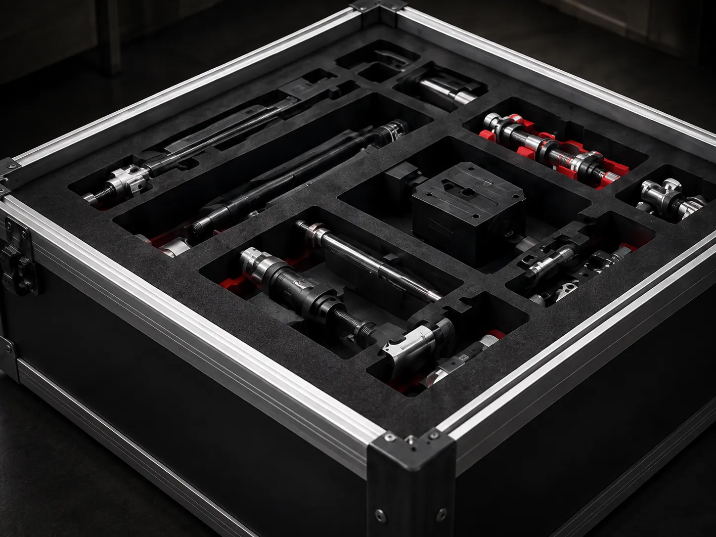 CNC-cut black EVA foam case insert holding machined parts