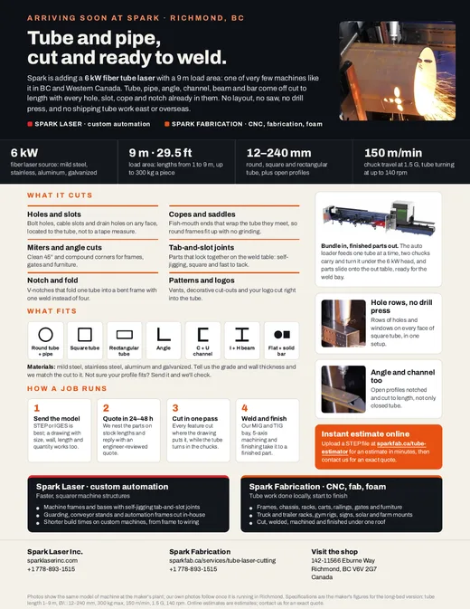 Capability sheet (PDF): the 6 kW fiber tube laser