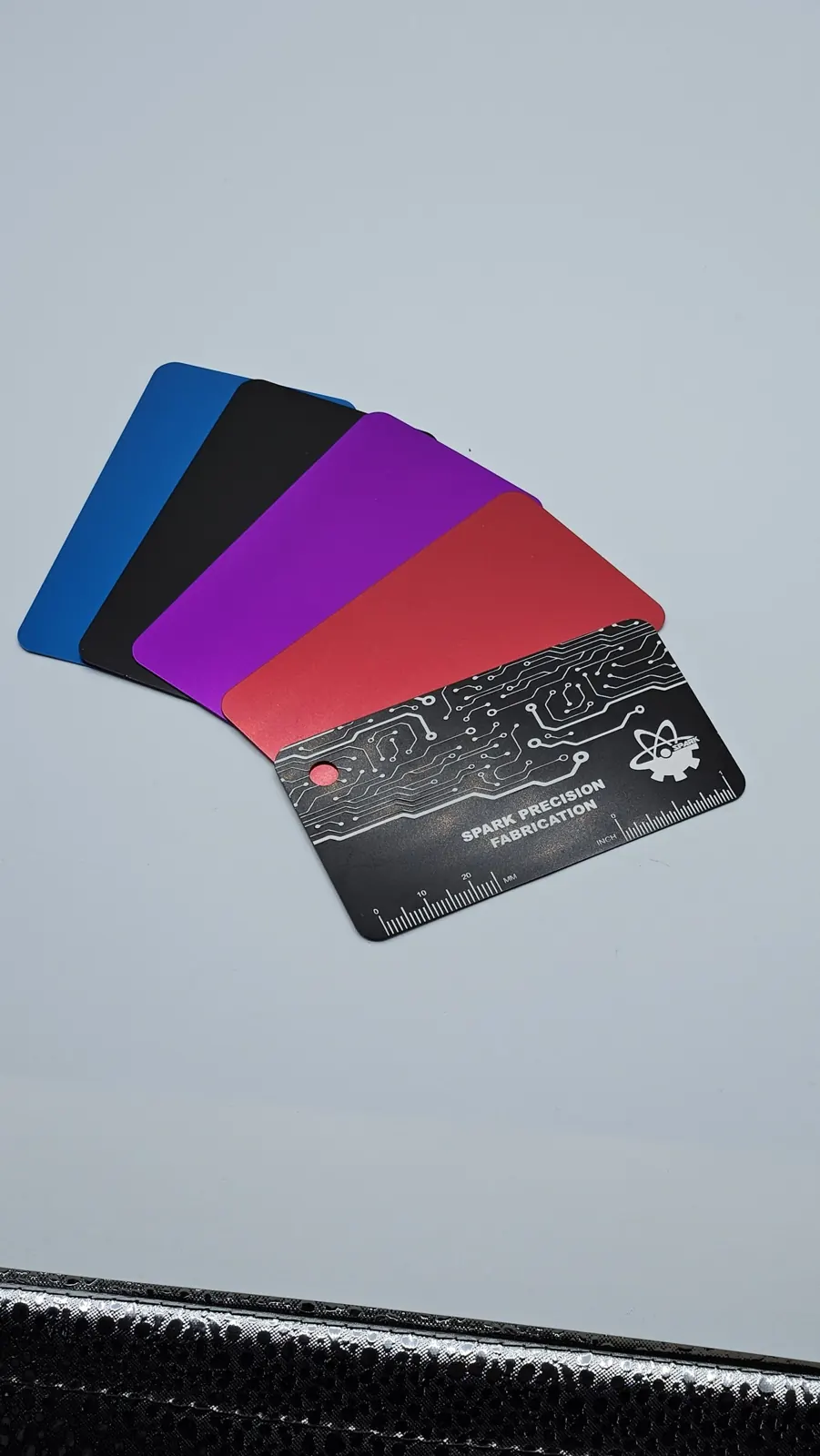 Anodized aluminum cards, laser work by Spark Fabrication in Richmond, BC