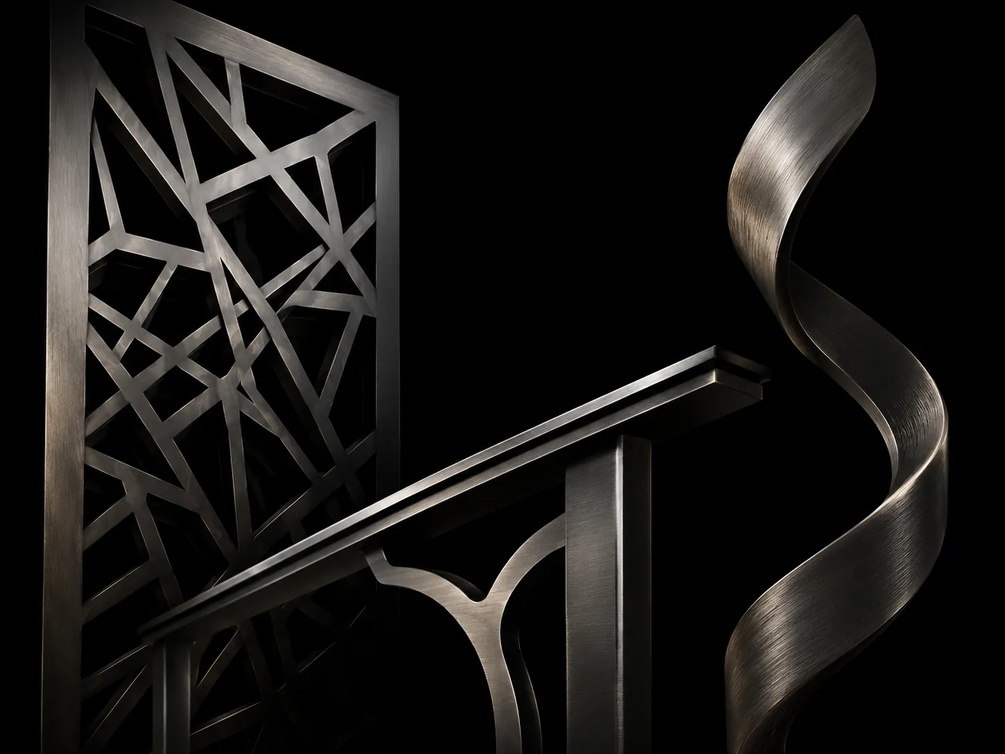 Laser-cut decorative metal screen, railing and curved metal ribbon