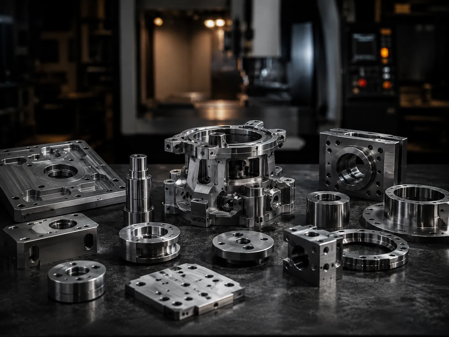 5-axis CNC machined aluminum and steel parts: manifolds, housings, rings and shafts