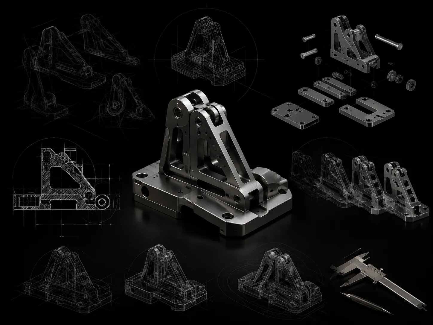 CAD design of a machined bracket shown as drawings beside the finished parts