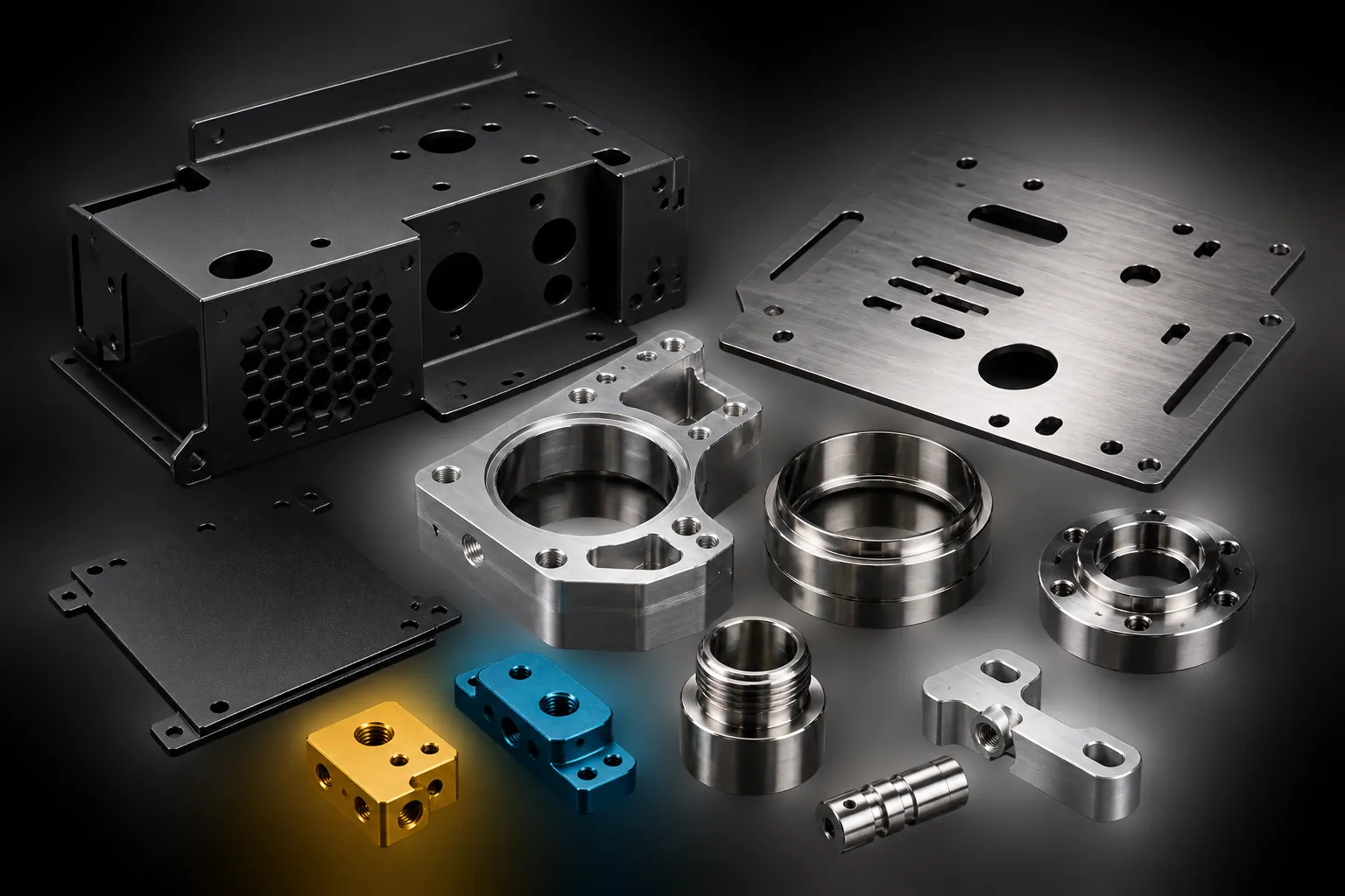 Machined parts with powder-coated, anodized and polished finishes