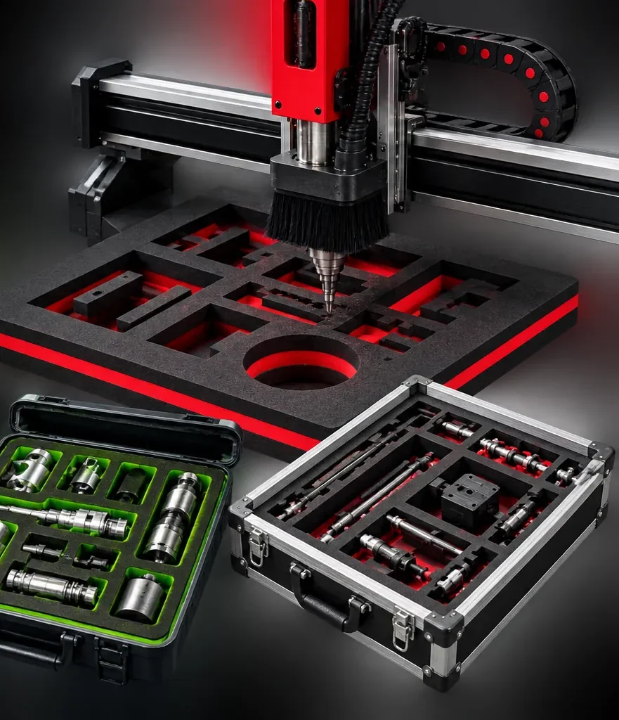 CNC router cutting a custom EVA foam insert, with two fitted tool cases