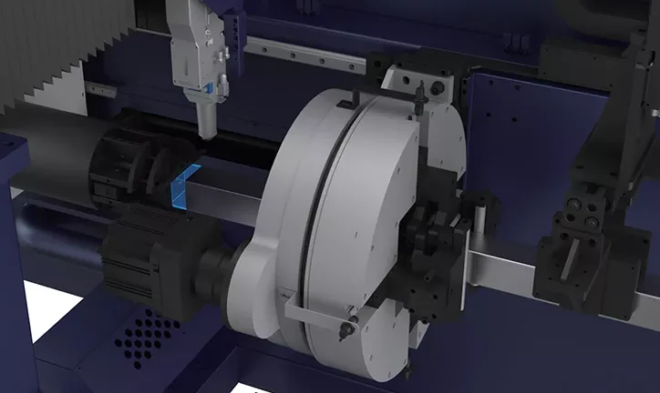 Tube laser cutting head over a square tube held in the rotary chuck