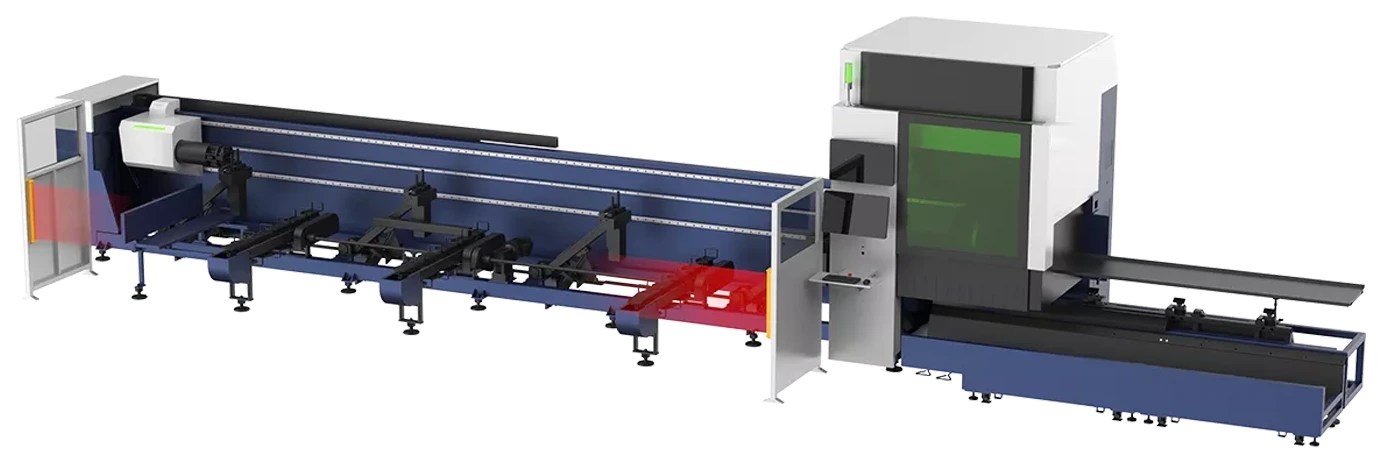 6 kW fiber tube laser with a 9 m load area, loading rack, cutting cabin and out table